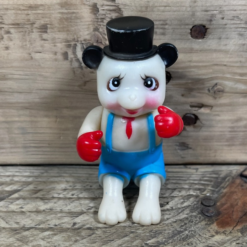 Vintage Panda Bear Figurine Blue Overalls Red Hands Top Hat Animal Doll Show Toy